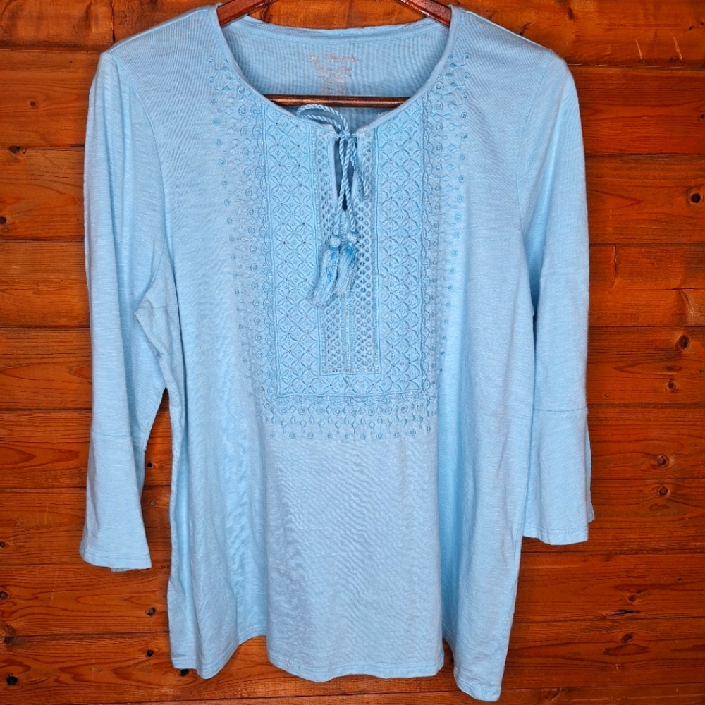 ❤️ By Chico's  Light Blue Women's Top 3/4 Bell Sleeve Embroidered Size 2 (M,L)